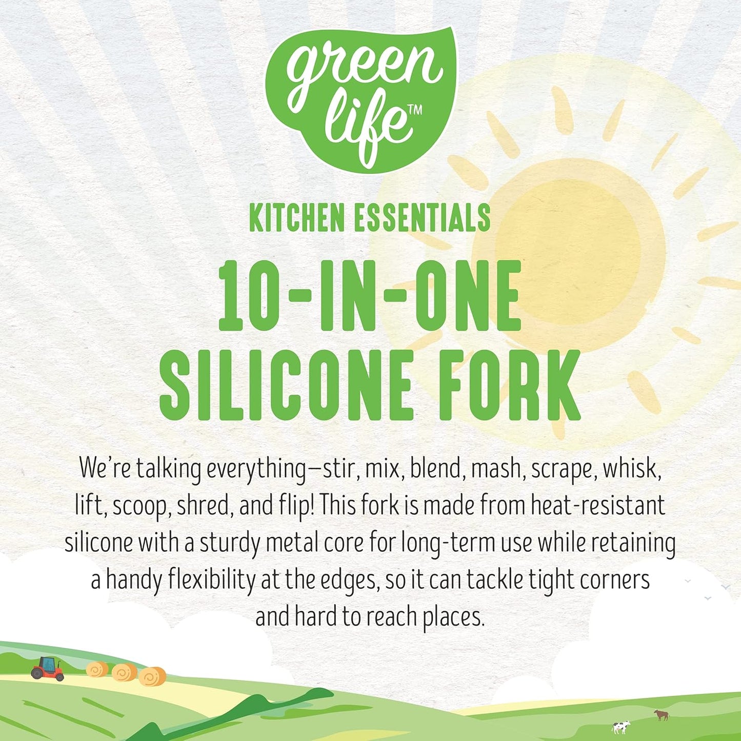 GreenLife Cooking Tools and Utensils, 10-in-1 Silicone Fork, Heat and Stain Resistant, Dishwasher Safe, Grey