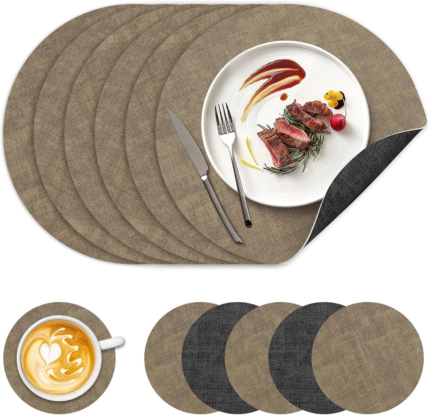 13" Set 6, Round Placemats of NCUE Dual-Sided Faux Leather Heat Resistant Table Mats, Waterproof Oilproof Washable