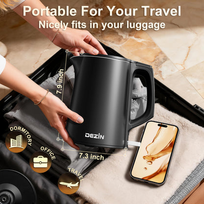Dezin 0.8L Electric Kettle, Small Electric Kettle with Double Wall Construction, 304 Stainless Steel Electric Tea Kettle for Business Trip, Portable Travel Kettle with Auto Shut-Off