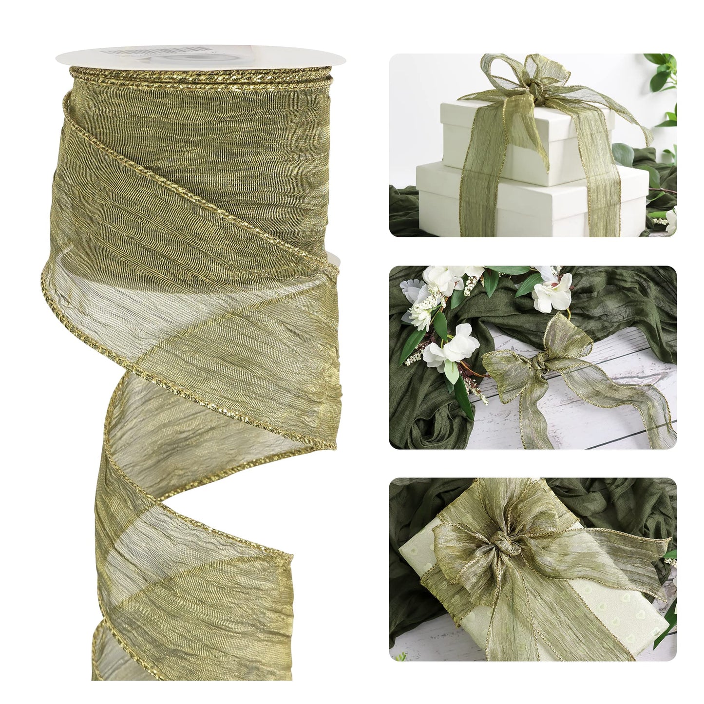 HUIHUANG Moss Green Wired Ribbon 2.5 inch Green Crinkled Silk with Gold Metallic Christmas Ribbon for Wreath Supplies Wedding Holiday Christmas Tree Decor Swags Gift Wrapping -10 Yards