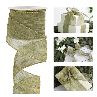 HUIHUANG Moss Green Wired Ribbon 2.5 inch Green Crinkled Silk with Gold Metallic Christmas Ribbon for Wreath Supplies Wedding Holiday Christmas Tree Decor Swags Gift Wrapping -10 Yards