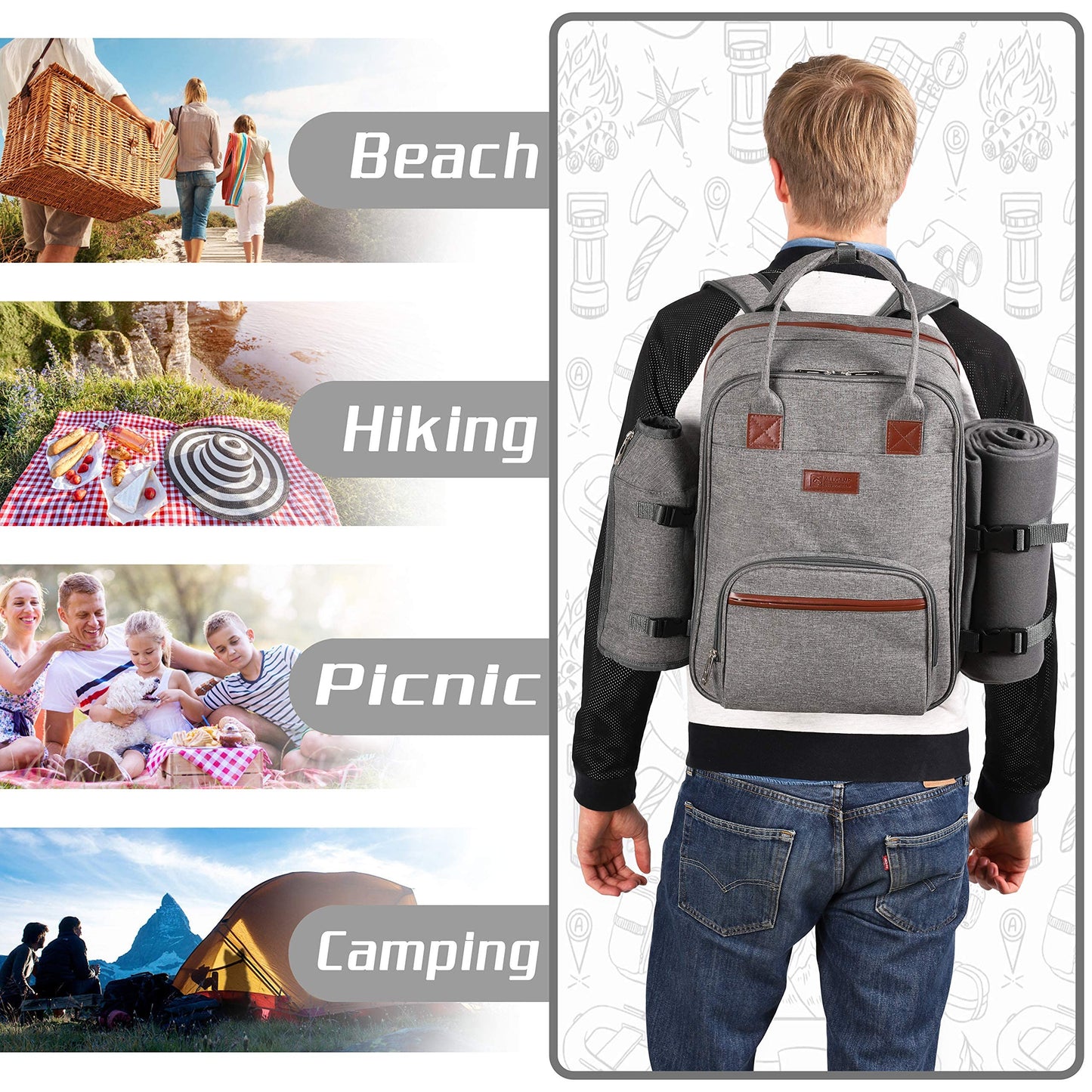 ALLCAMP Picnic Backpack - Insulated Cooler Bag with Compartment, Detachable Wine Glass Holder, Throw Blanket & Cutlery Set, 2 Person Picnic Set for Family Outings, Couple Gifts (Gray)