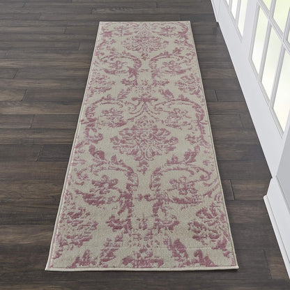 2'3'' 7'3'' (2x7) Nourison Home Jubilant Damask Ivory/Pink x Area-Rug, Easy-Cleaning, Non Shedding, Bed Room, Living
