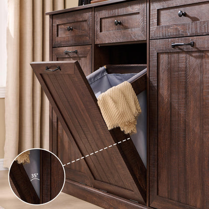 IFGET Triple Tilt Out Trash Can Cabinet, 20 Gallon Farmhouse Laundry Hamper Cabinet w/3 Drawers & Adjustable Shelf, Hidden Wooden Trash Can Cabinets with Storage Basket for Kitchen (Brown)