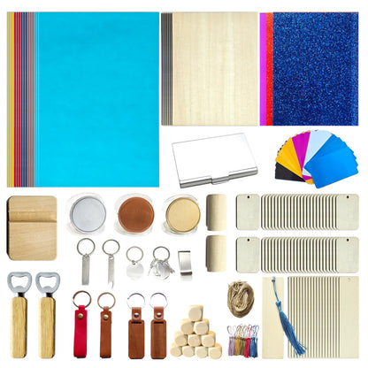 YoSpciaNe Laser Engraving Material Kit, 143 Pcs 19 Types Laser Engraver Blanks and Laser Engraver Supplies for Testing Common Materials, with Wood, Paper, Acrylic, Metal, PU Leather