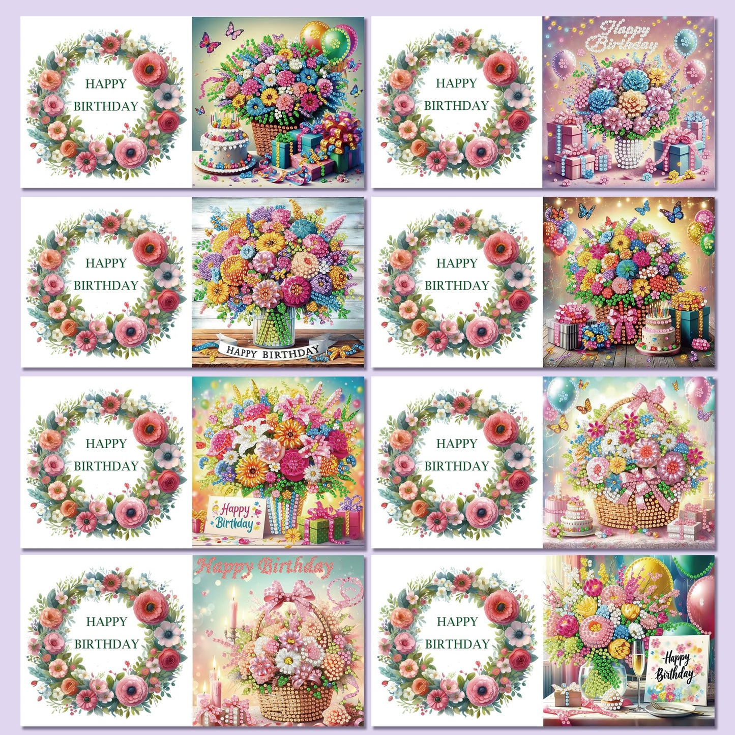 Muzagroo Art Diamond Art Greeting Cards for Adults Diamond Painting Happy Birthday Greeting Cards for Beginners Adults Crafts Gem Art Kits Birthday Greeting Cards 8PCS (Happy Birthday 2)