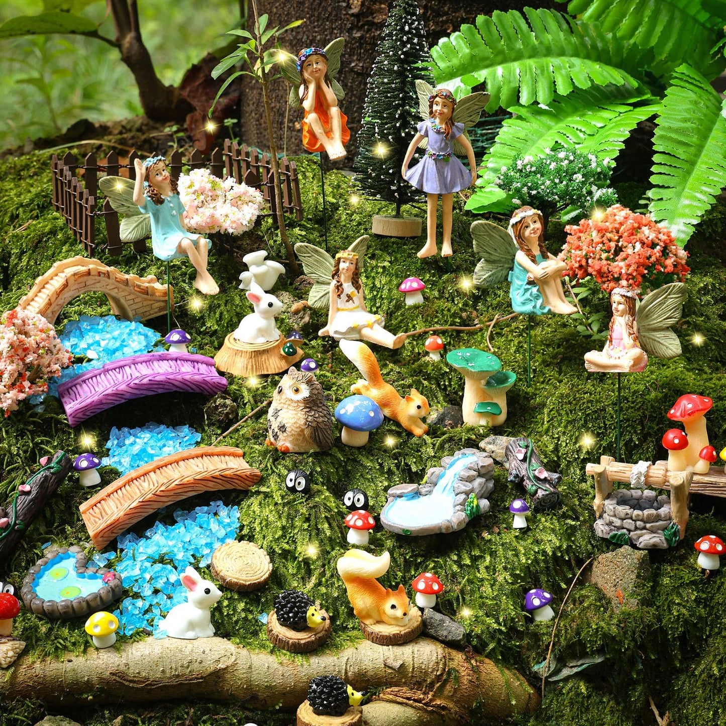 HIYZI 100 Pcs Fairy Garden Accessories Miniatures Figures Kit Micro Landscape Terrarium Ornaments Resin Mushroom Animal Fake Pond Lawn Bridge Garden Decoration