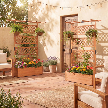 COSTWAY Wooden Raised Garden Planter with Trellis and Roof, 72" Freestanding Privacy Screen & Climbing Plant Support for Outdoor Patio, Balcony, Vegetable, Herb, and Flower Gardening (Brown,2)