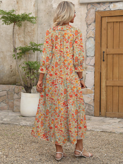 ANRABESS Women's Boho Maxi Dresses 2025 Summer Casual V Neck Puff Sleeve Floral Tiered Flowy Swing Beach Vacation Long Dress