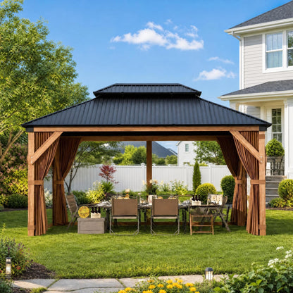 10x12FT Hardtop Wood Gazebo, Cedar Frame Outdoor Pavilion with Double Galvanized Steel Roof, Curtains and Netting Included, Ceiling Hook for Patio Backyard Deck Lawn Garden, Khaki