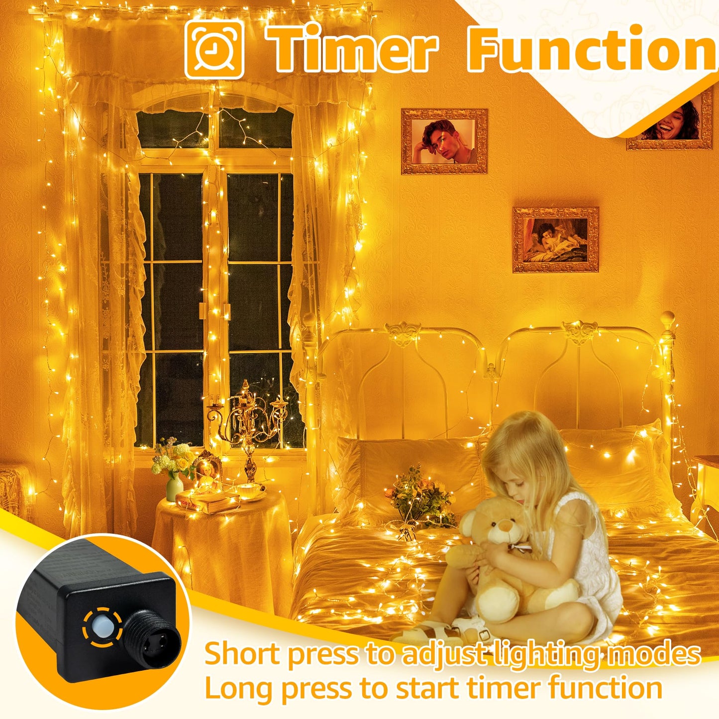 Ollny 120LED 40FT String Lights, Waterproof Connectable Fairy Lights with Timer 8 Modes, Warm White Plug in Christmas Light for Indoor Outdoor Patio Party Bedroom Classroom Decor