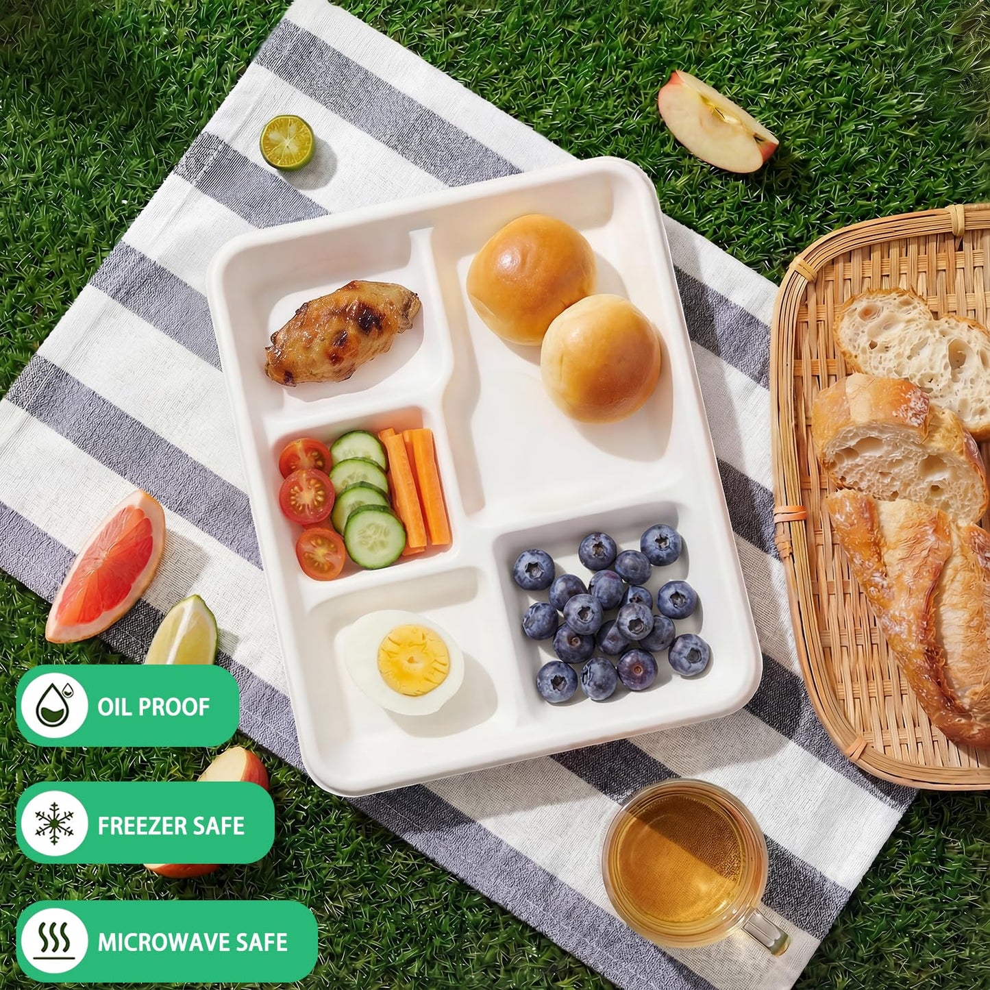WELLIFE 125 Pack Kids Small 5-Compartment Paper Plates, 10.25x8.25 Inch 100% Compostable Divided Plates, Disposable School Lunch Trays, Eco-Friendly Bagasse Plate for Boys Girls and Youth (BPA Free)
