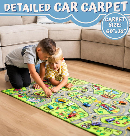 ToyVelt Kids Car Rug Playmat - Large 60” x 32” Educational City Play Mat for Kids Ages 3–12, Soft Polyester with