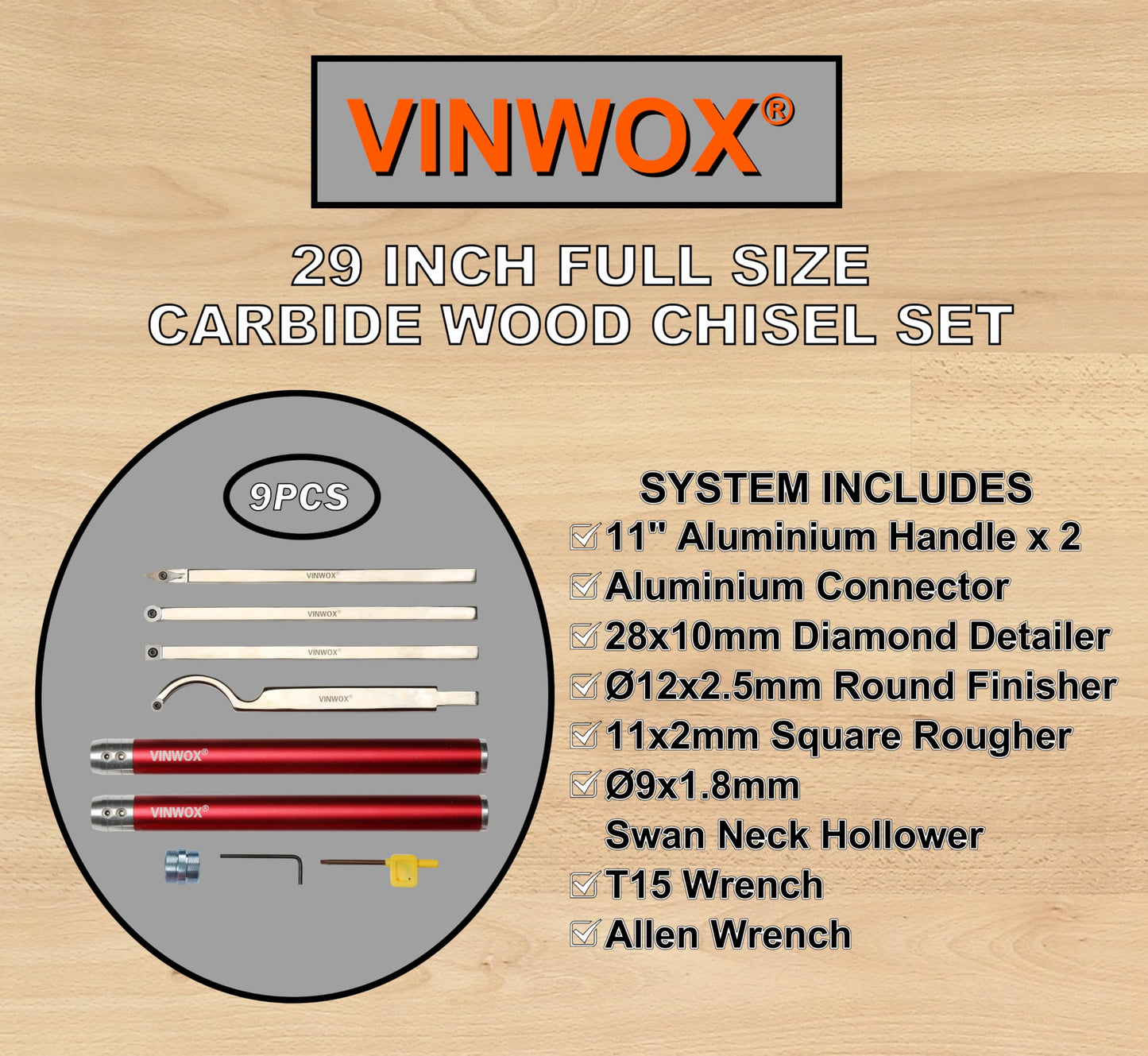 VINWOX 9 PCS Carbide Wood Lathe Turning Tool Set, Pen Turning tools, Including Swan Neck Hollower, Rougher, Finisher, Detailer, Aluminum Handles from 14" to 29", Fine Polished Stainless Steel Shank