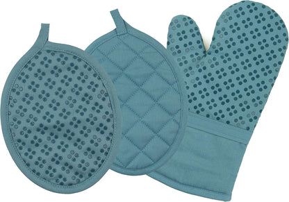 Sticky Toffee Set of 3 Oven Mitt and Pot Holder – Blue Non-Slip Kitchen Hot Pads with Silicone Grip
