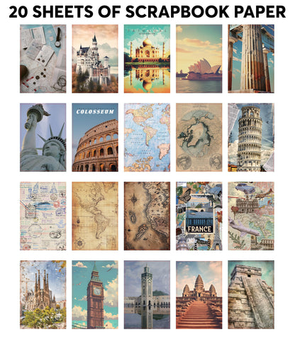 Fayware 300+ Travel Stickers for Scrapbooking & 20 A5 Papers - Pre-Cut Washi Stickers for Journaling, Vintage Travel Scrapbooking Supplies, Junk Journals Stickers