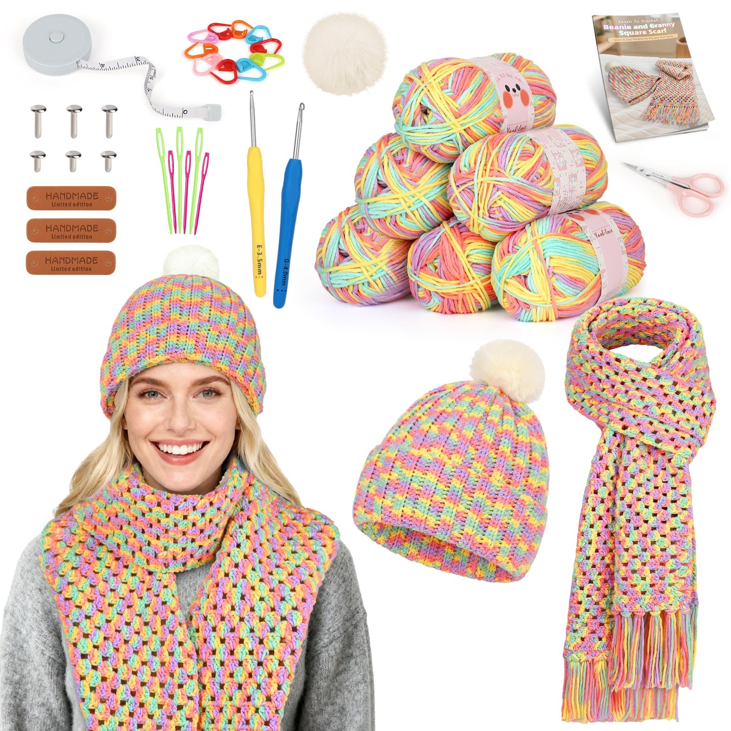 Katech Crochet Kit for Beginners-Crochet Kit for Adults Learn to Crochet Granny Square Scarf Beanie Hat, Complete Set for Crocheting Scarf w/Step-by-Step Instructions 6 Blend Yarn-Macaron