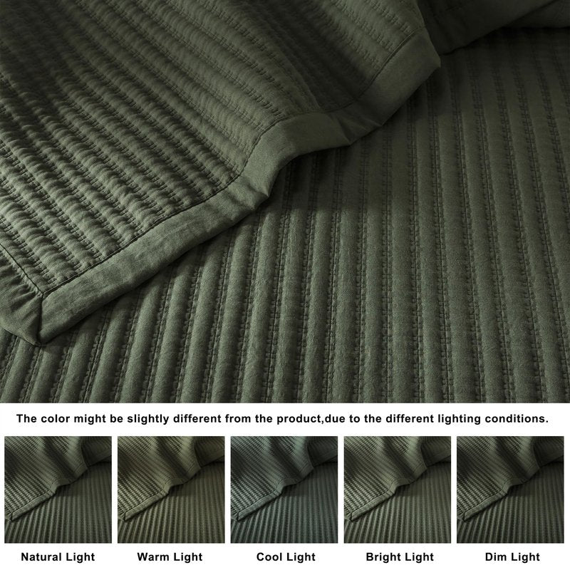 WDCOZY Olive Green Queen Size Quilt Set, Striped Pick Stitch Lightweight Bedspread, Soft Channel Farmhouse Rustic Coverlet, Spring Summer Thin Comforter, Country Bedding, 90x90 inches