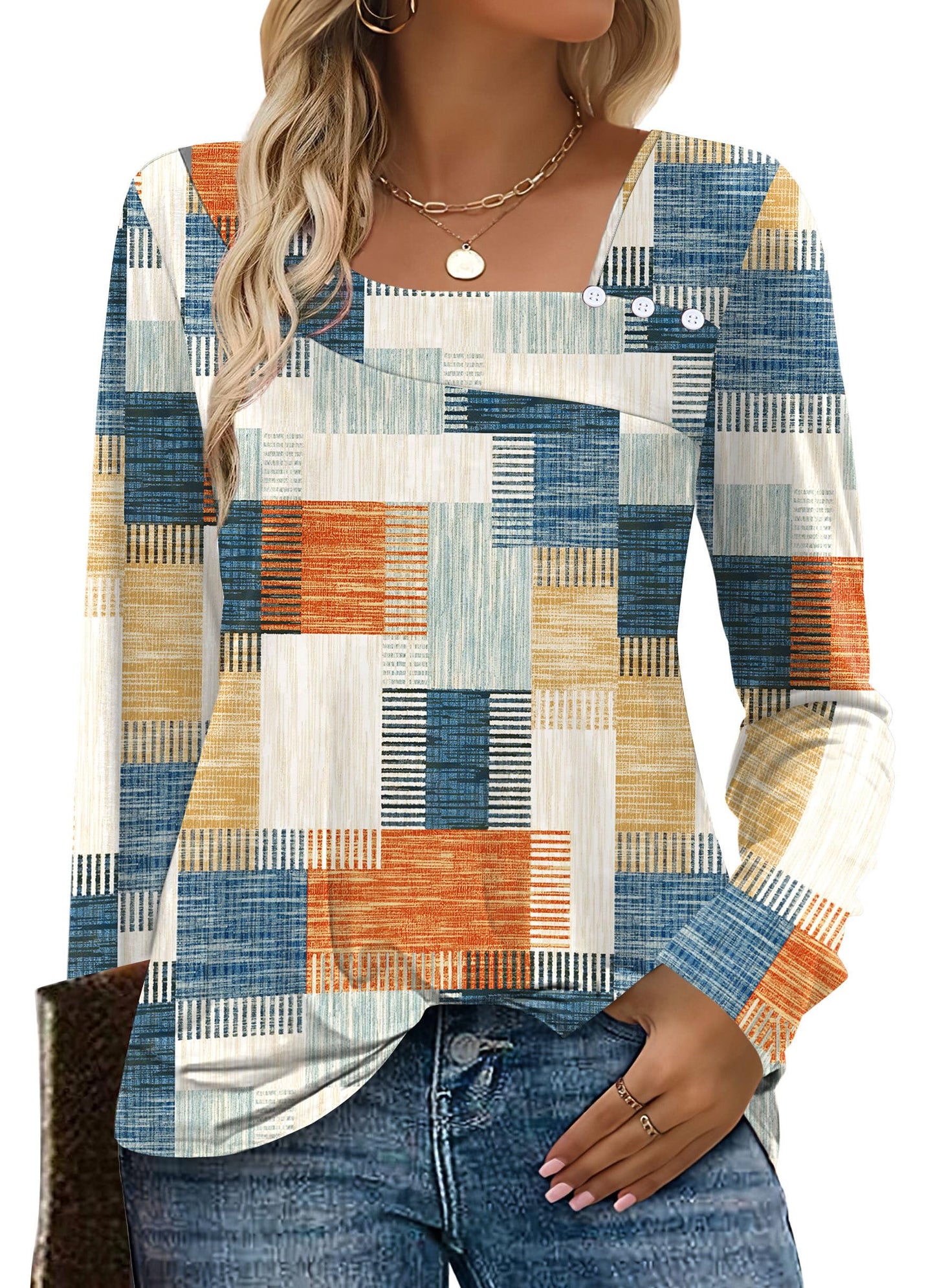 OFEEFAN Long Sleeve Shirts for Women Fall Clothes Asymmetric Square Neck Tunic Tops Decorative Buttons