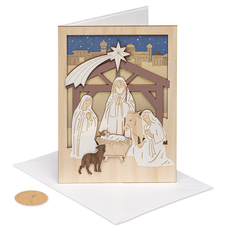 Papyrus Religious Christmas Card with Wooden Manger Nativity Scene (A Child is Born)
