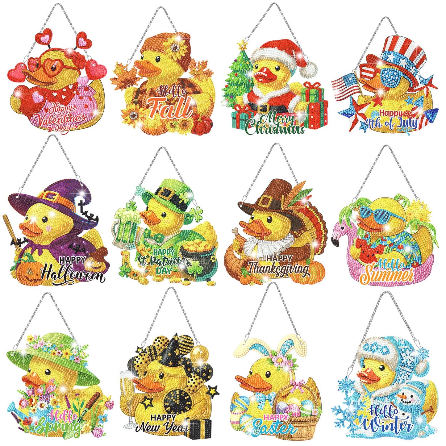 Cinnvoice 12 Pcs Seasonal Diamond Art Wreath Kits Holiday 5d DIY Diamond Painting Signs Germ Hanging Art Ornaments for Wall Door Decorations (Duck)