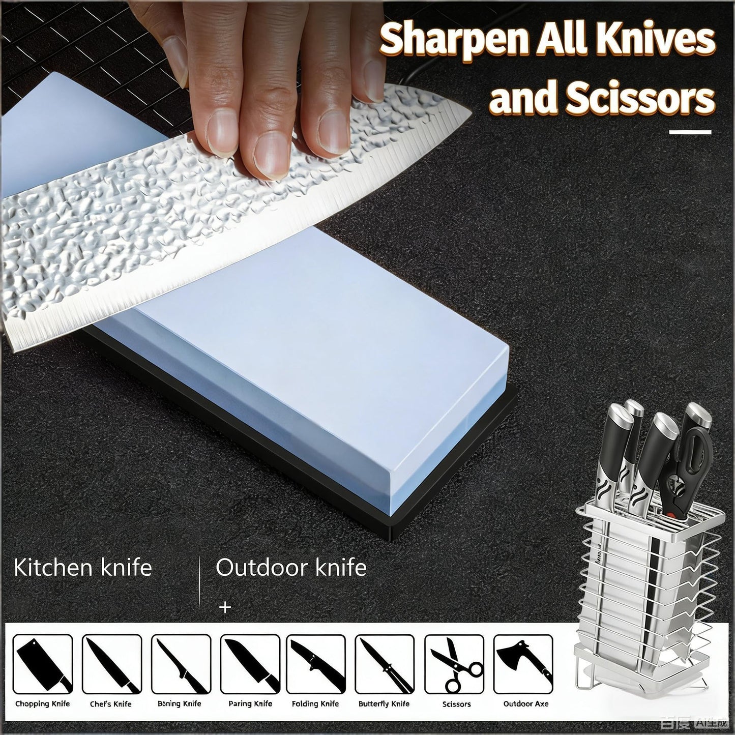 Dual Grit Whetstone 400/1000 3000/8000 Knife Sharpener with Leather Strop, Flattening Stone, Bamboo Base, 3 Non-slip Rubber Bases & Angle Guide | Perfect for Chef