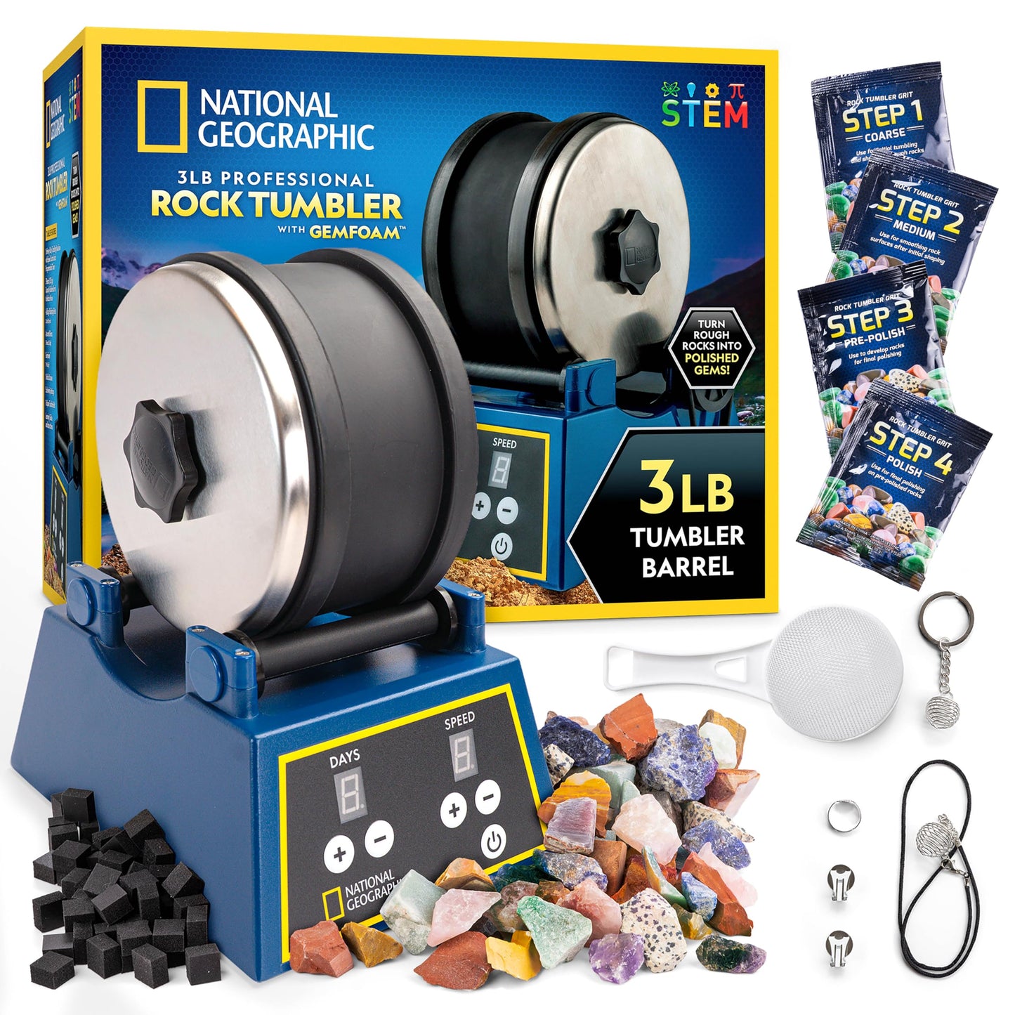 National Geographic Rock Tumbler Kit - 3 Lb. Extra Large Capacity Barrel with 3-Speed Motor & 9-Day Timer, Kit Includes Rocks for Tumbling and Rock Polisher Grit, Rock Tumbler for Adults and Kids