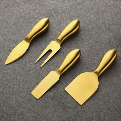 Patelai 4 Pieces Cheese Knives Set, Stainless Steel Tools with Cheese Slicer and Cutters (Gold)