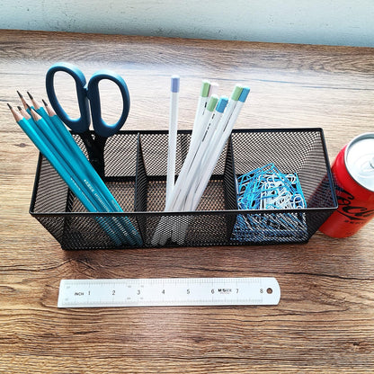 Metal Mesh Pencil Holder, Spacious 3-Compartment Desk Organizer for Pens, Makeup Brushes, Utensils, Multipurpose Office, School ,Kitchen, Home Desktop Storage, 10.43 x 3.35 x 4.04 Inches, Black