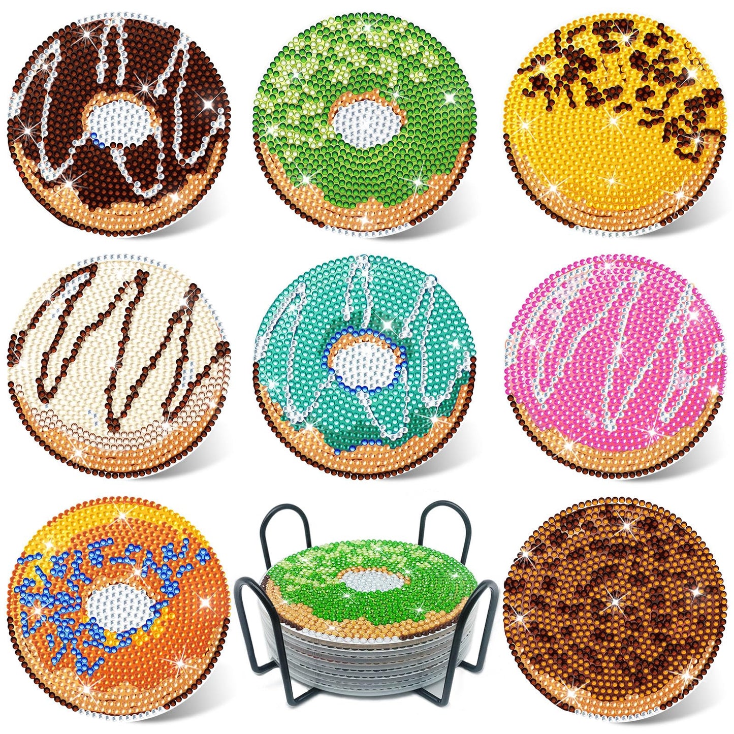 FILASLFT Diamond Painting Coasters Kit,DIY Diamond Painting Coasters Kit,8 Pcs Doughnuts Diamond Art Coasters with Holder Diamond Arts Crafts for Gifts.