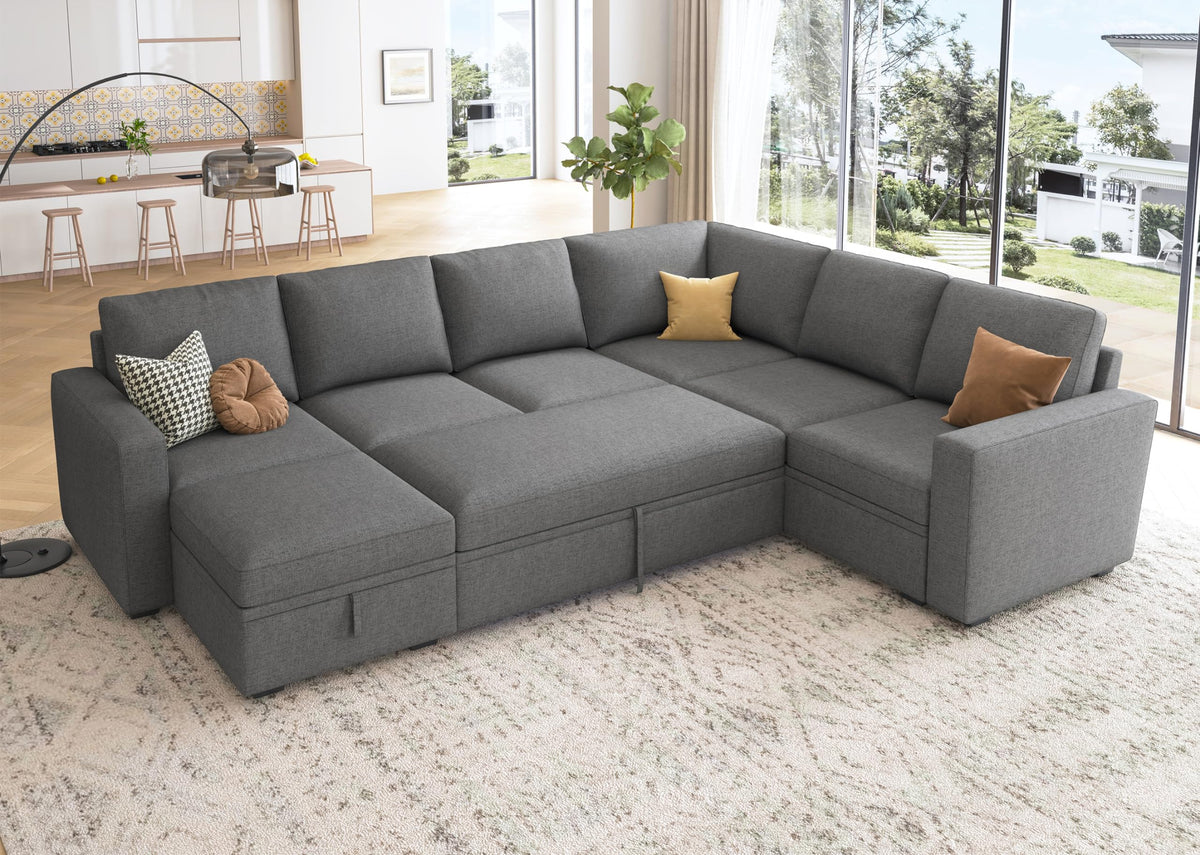HONBAY Sectional Sleeper Sofa with Pull Out Bed, U Shaped Couch with Storage, Modular Sectional Couches for Living Room, Dark Grey