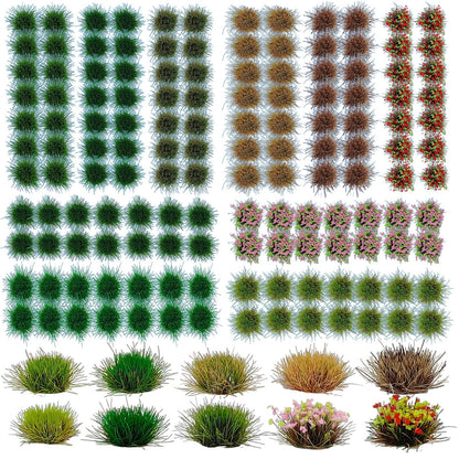 gdeplok 140 Pcs Static Grass Tufts & Miniature Flower Clusters - Artificial Grass Terrain Scenery Kit for Model Train Railway, Military Sand Table, DIY Diorama Landscape