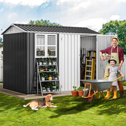DWVO 8x6ft Metal Outdoor Storage Shed with Window, Lockable Tool Storage Sheds, Oversized Steel Garden Sheds with Sloped Roof for Backyard, Patio, Garage, Lawn (Gray + White)