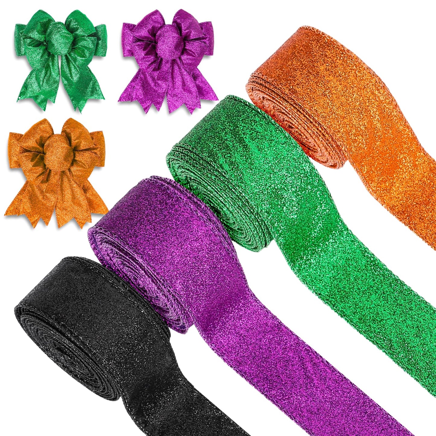 Whaline 40 Yards Halloween Glitter Wired Ribbon Green Orange Purple Black Gift Wrapping Ribbon Halloween Decorative Ribbons for Crafts Bow Wreath DIY Gift Wrapping Supplies, 4 Rolls