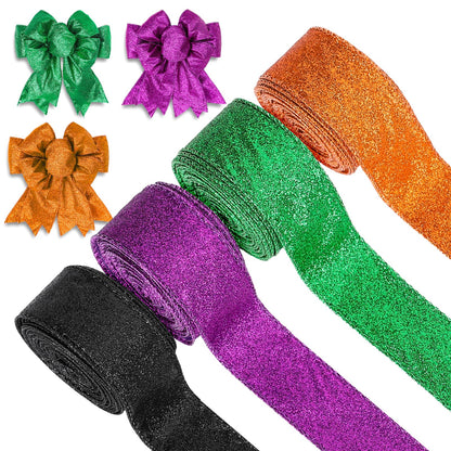 Whaline 40 Yards Halloween Glitter Wired Ribbon Green Orange Purple Black Gift Wrapping Ribbon Halloween Decorative Ribbons for Crafts Bow Wreath DIY Gift Wrapping Supplies, 4 Rolls