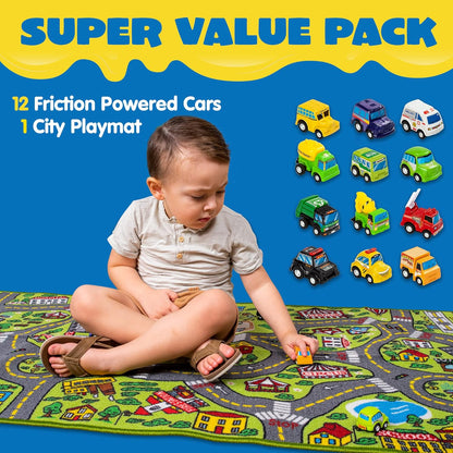 12 Set JOYIN Kids Play Rugs - Pull-Back Vehicle - Durable Carpet Playmat Rug - City Pretending Play - Toddler Car Track