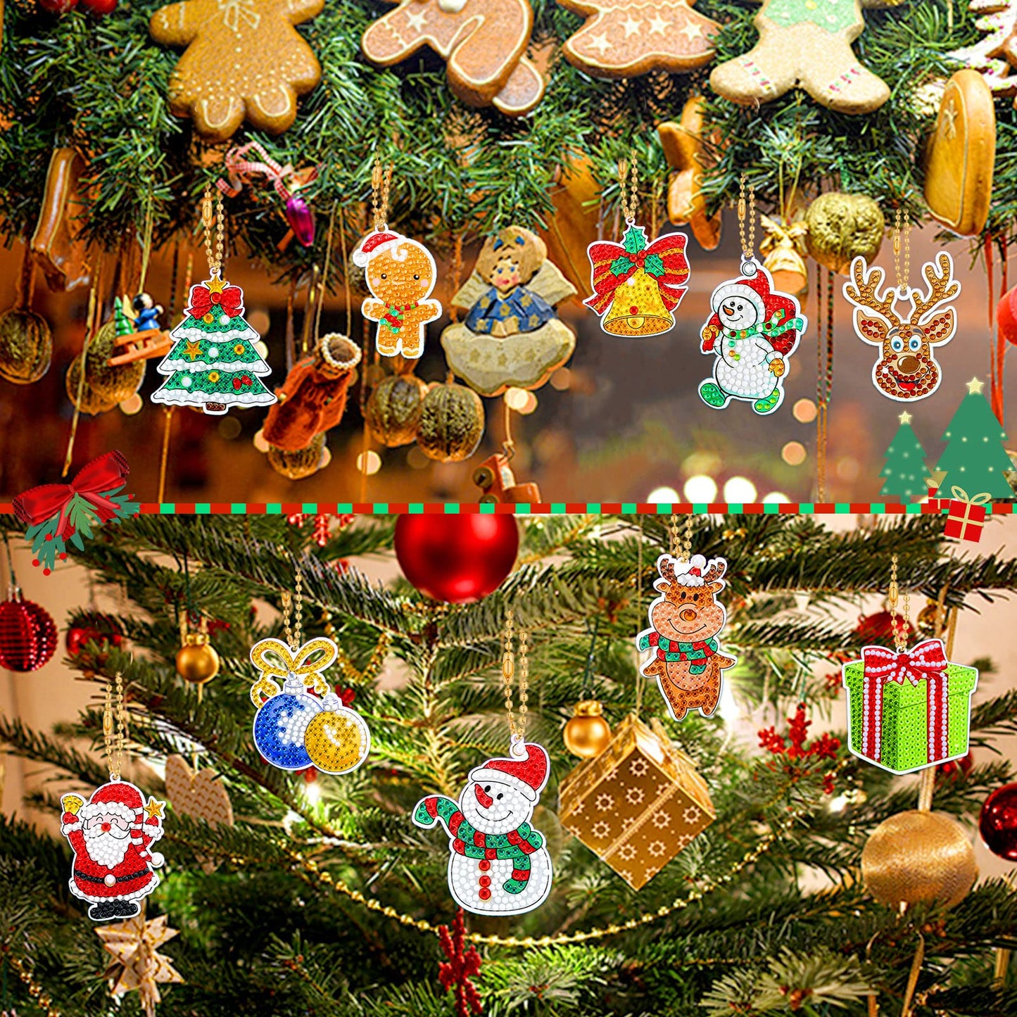 Junkin 26 Pcs Diamond Art Christmas Ornaments 5D DIY Christmas Diamond Painting Keychains Kits Xmas Hanging Painting Kit Snowman Santa Art Pendant Key Chains for Adult Craft Gift Family Decor(Cute)