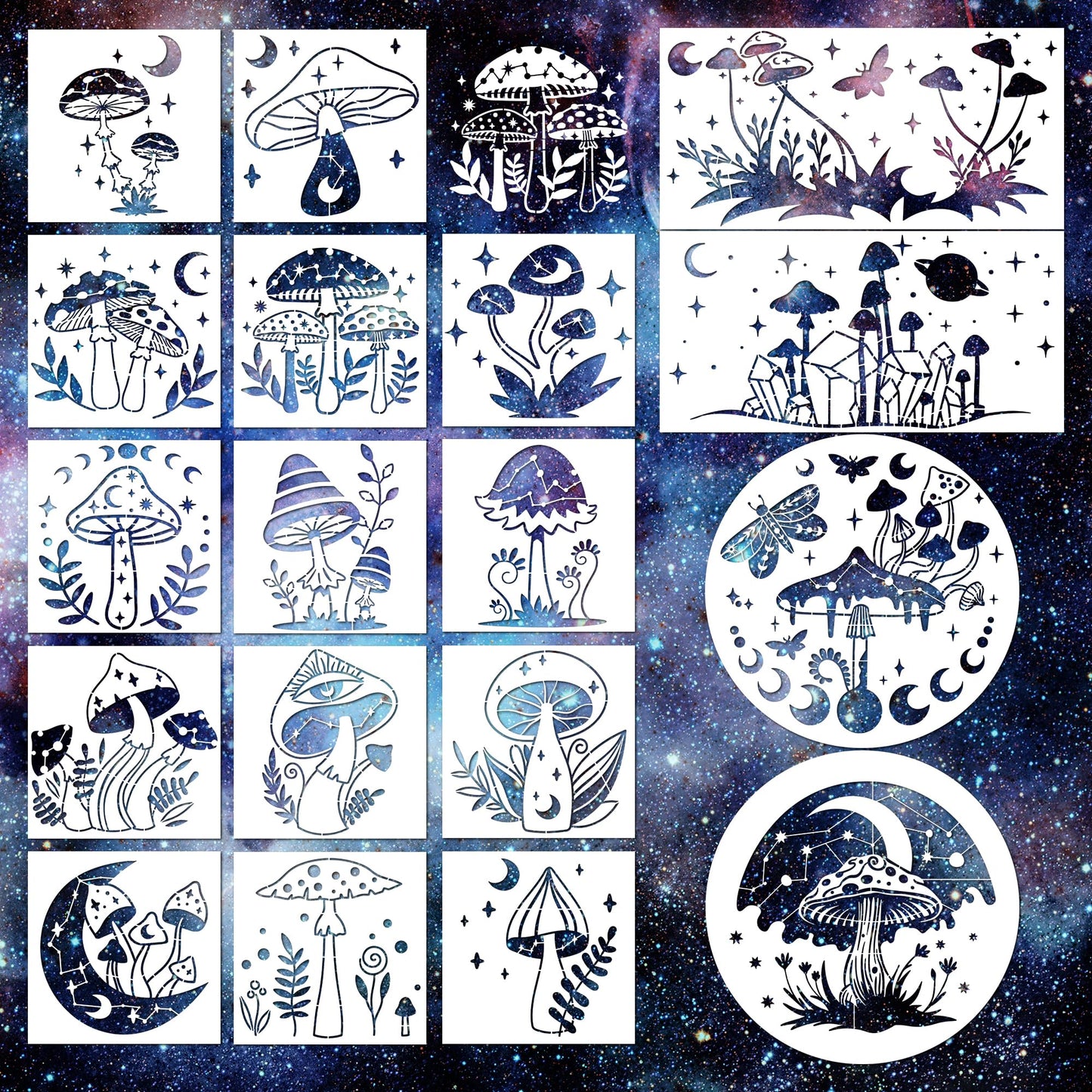 Keluna Mushroom Stencils for Painting, 18 Pcs Bohemian Art Craft, 12 Inch Large Reusable Crescent Moon Phase Drawing Template for Wood Wall Canvas Home Decor