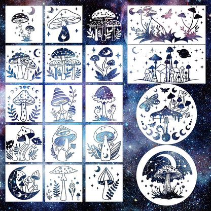Keluna Mushroom Stencils for Painting, 18 Pcs Bohemian Art Craft, 12 Inch Large Reusable Crescent Moon Phase Drawing Template for Wood Wall Canvas Home Decor