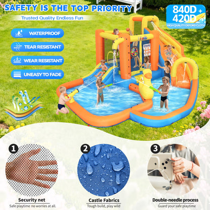 Inflatable Water Park for Kids 3-10yr, 12-in-1 Large Water Slide Bounce House with Dual Slide, Blower, 2 Splash Pools, Climbing Wall, Tunnel, Water Cannon, Basketball, Blow Up Water Slide for Backyard