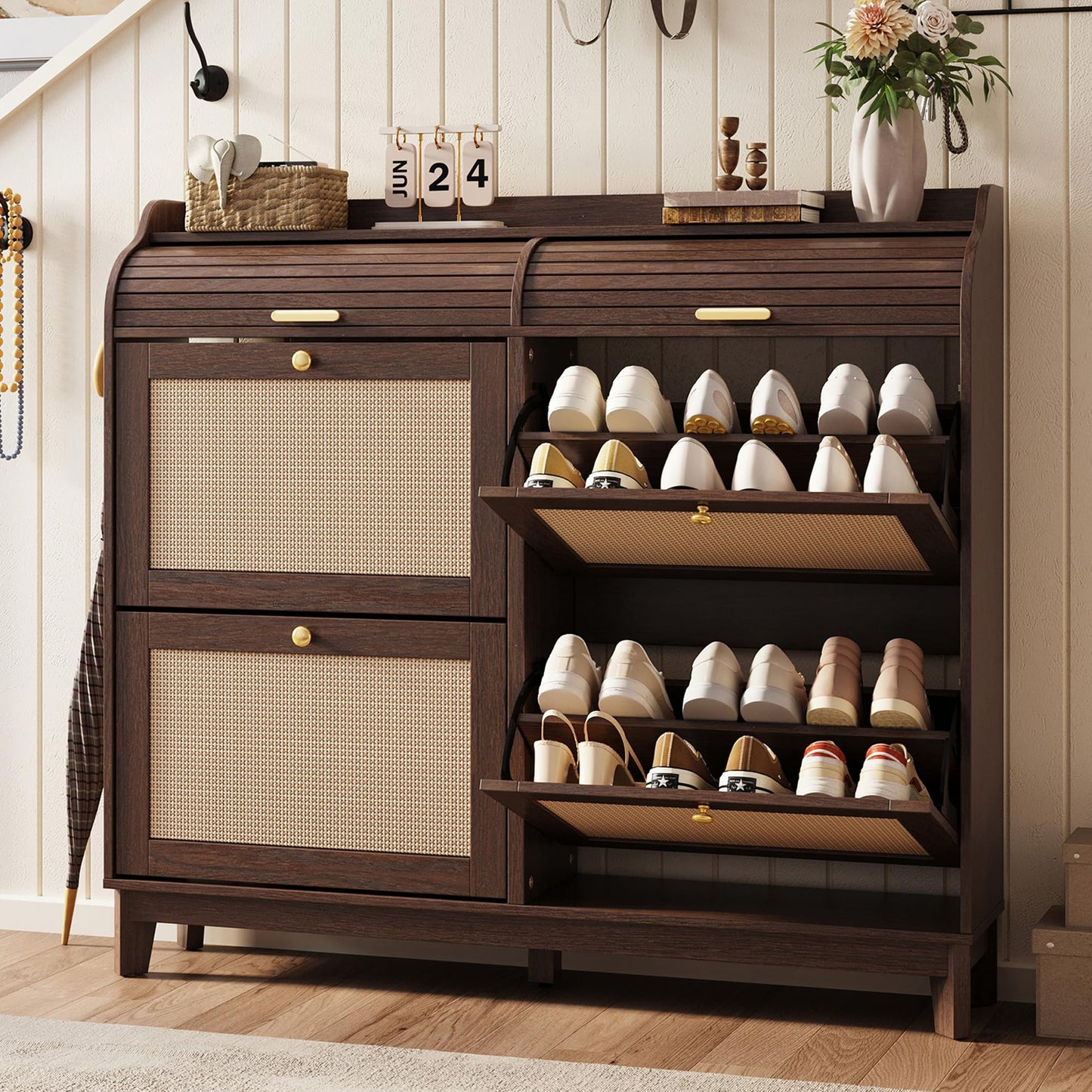 LINSY Shoe Storage Cabinet, Rattan Shoe Cabinet Flip Drawer Shoes Rack Cabinet with Sliding Tambour Door, Large Shoe Cabinets Mid Century Modern Hidden Shoe Storage Organizer for Entryway, Walnut