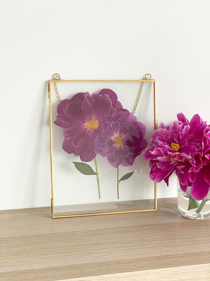 Beedecor Double Glass Frame for Pressed Flowers, Leaf and Artwork - Set of 2 Hanging Picture Frames, Tempered Glass Floating Pressed Flower Frames, Large Rectangular Wall Decor Photo Display, Clear Metal Glass Frames with Chain (8x10, Gold)