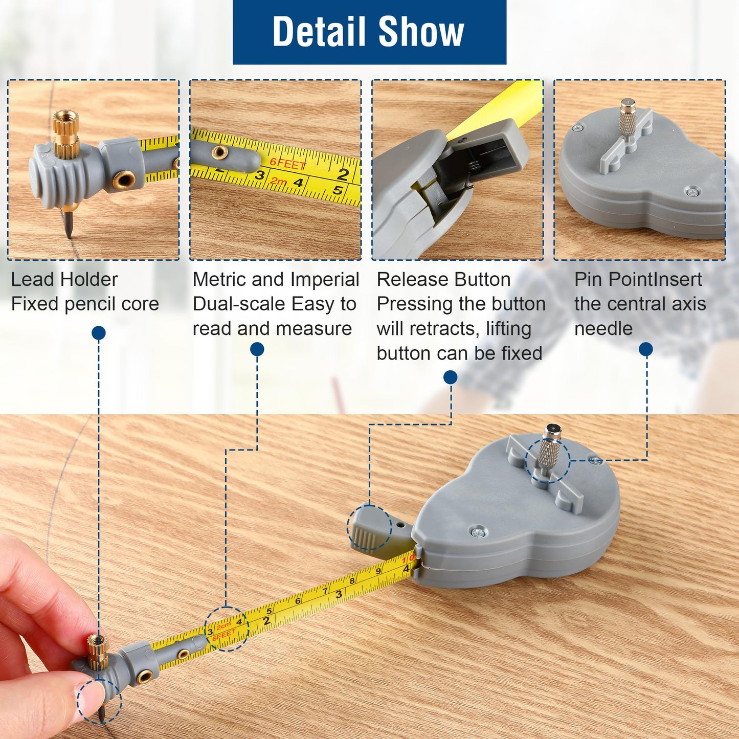 Dreyoo 6.56 ft Rotape Tape Measure Compass with 10 Pencil Leads, Measure Beam Compass for Drawing Circles and Lines, Fixable Button Circle Drawing Tool with Tape Measures