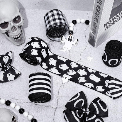 Whaline 4 Rolls Halloween Wired Ribbon Black White Ghost Pattern Gift Wrapping Ribbon Buffalo Plaid Stripe Decorative Ribbons for Crafts Bow Wreath Gift Wrapping Halloween Party Decor, 24 Yards
