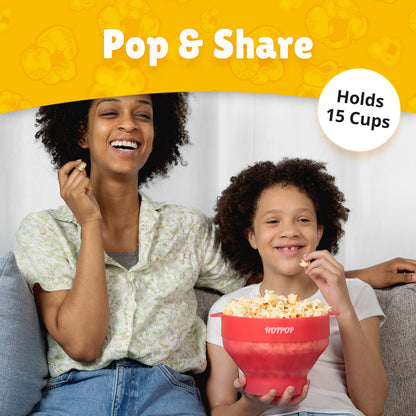 The Orginal HotPop Silicone Popcorn Maker - Microwave Popcorn Popper with Handles - Collapsible Bowl, Heat-Resistant, Easy to Clean, Ideal for Family Movie Nights, 15-Cup Capacity - Red