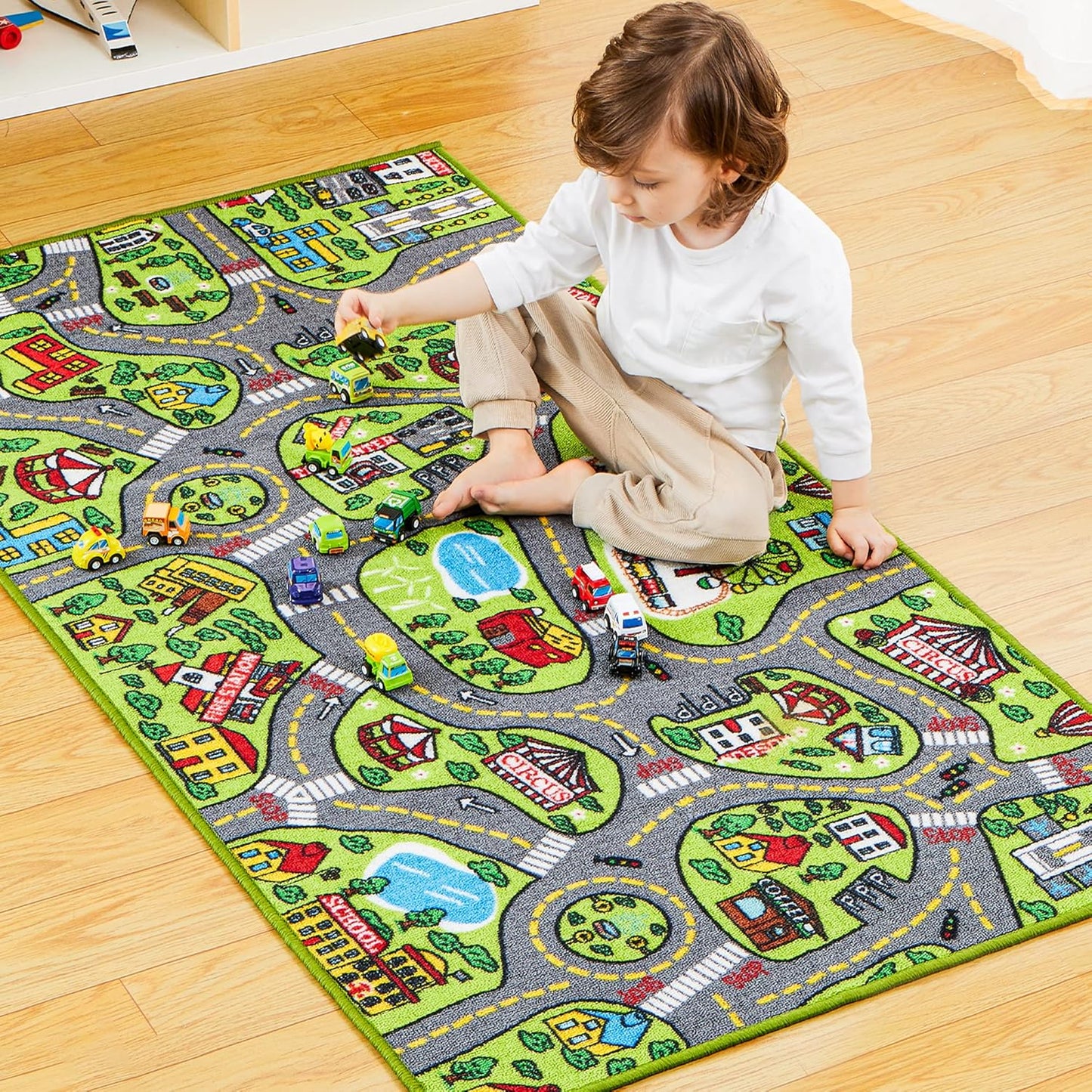 12 Set JOYIN Kids Play Rugs - Pull-Back Vehicle - Durable Carpet Playmat Rug - City Pretending Play - Toddler Car Track