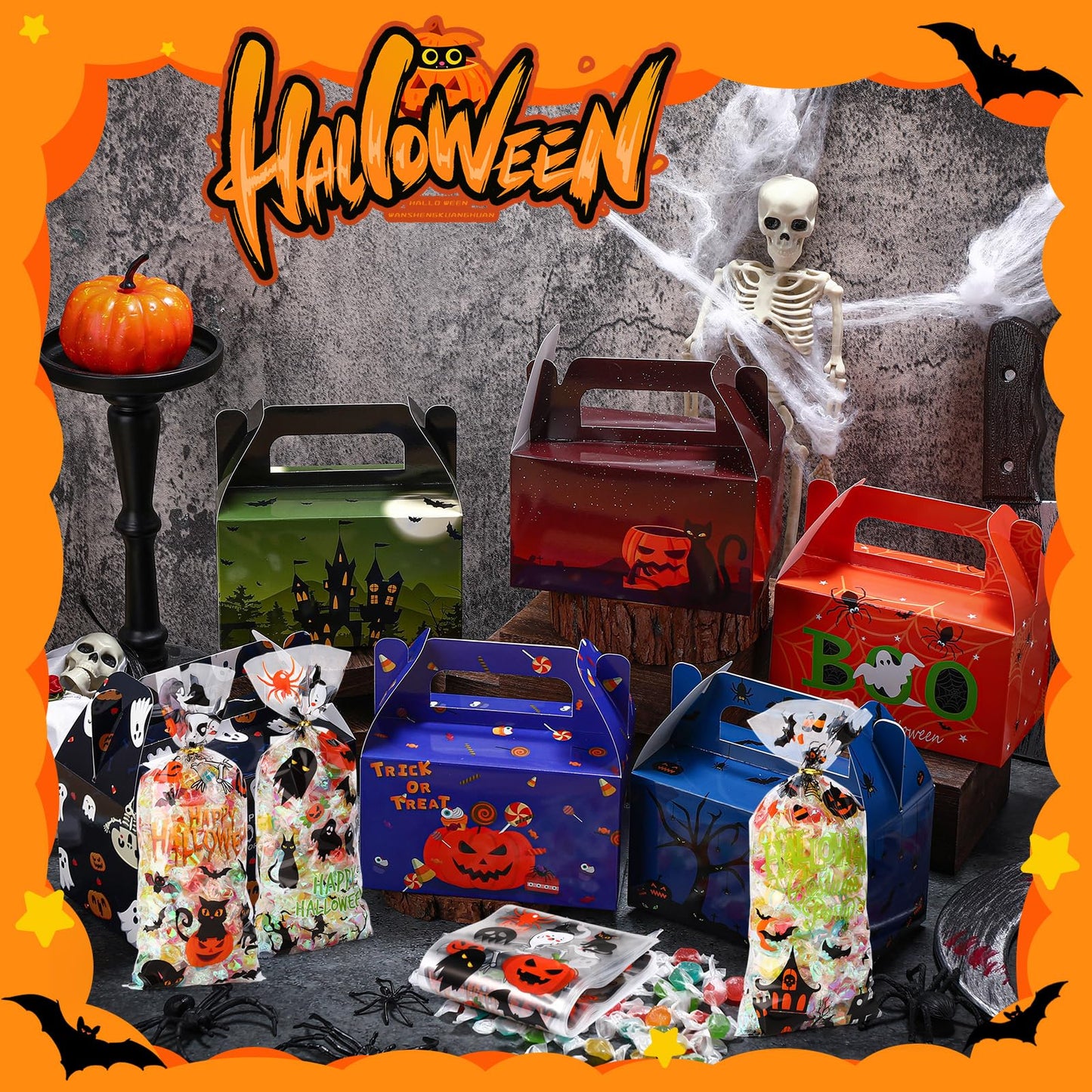 ReliThick 80 Pack Halloween Treat Box with Cellophane Bags Trick or Treat Goodie Cookie Candy Boxes for Treats Ghost Halloween Bag for Party