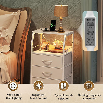 4 37.48" WLIVE Night Stand with Charger Station, White Nightstand with LED Light and Storage Drawers, Tall Dresser