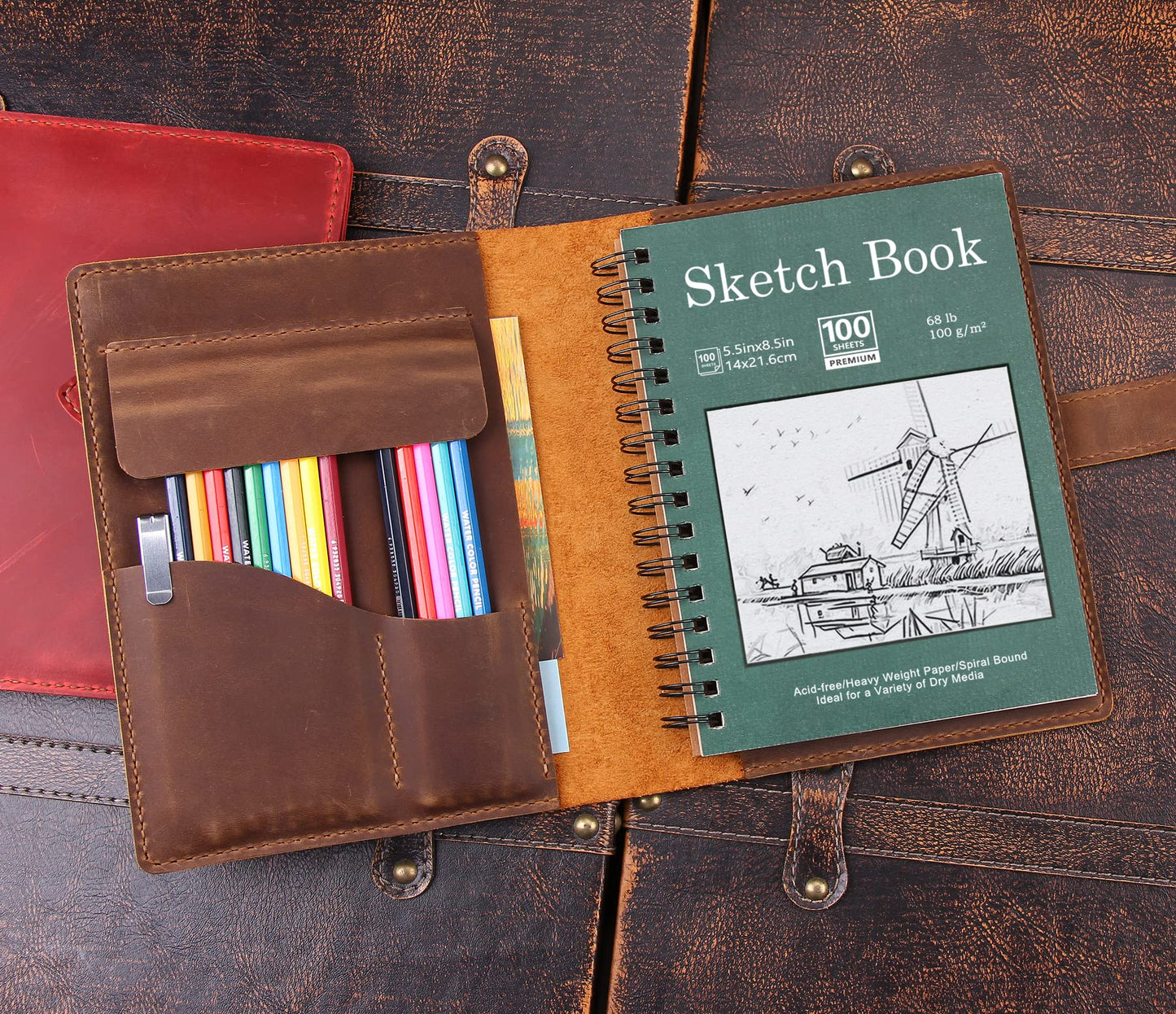 Robrasim Handmade Leather Sketchbook Cover, Leather Artist Sketch Pad Cover for 5.5" x 8.5" Sketchbook, Drawing Book and Pencil Case, Journal Notebook Portfolio, Artis Gifts-Brown
