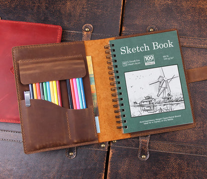 Robrasim Handmade Leather Sketchbook Cover, Leather Artist Sketch Pad Cover for 5.5" x 8.5" Sketchbook, Drawing Book and Pencil Case, Journal Notebook Portfolio, Artis Gifts-Brown